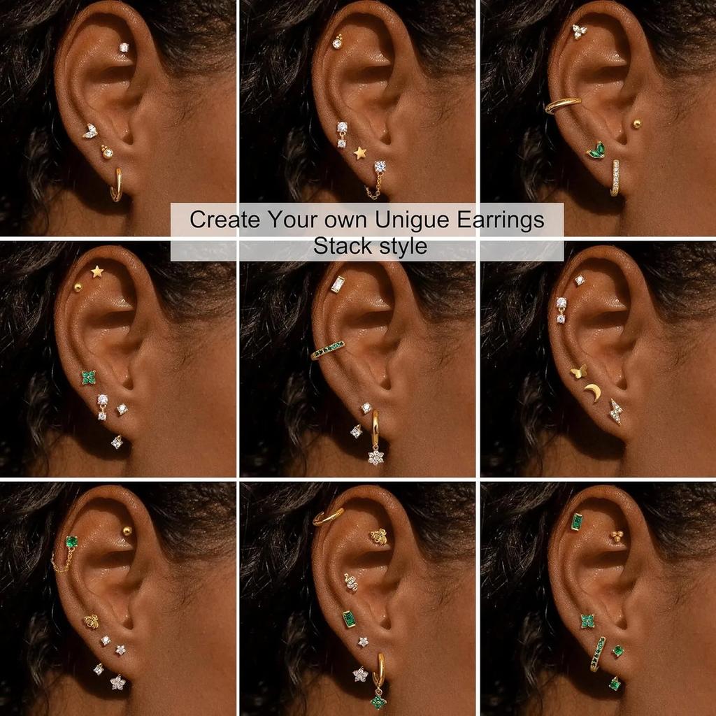 Bobisty 21 STK Flache Ohrstecker für Damen Chirurgenstahl Ohrringe 14K Vergoldet Stecker Creolen Stapelbar Knorpel Helix Piercing St