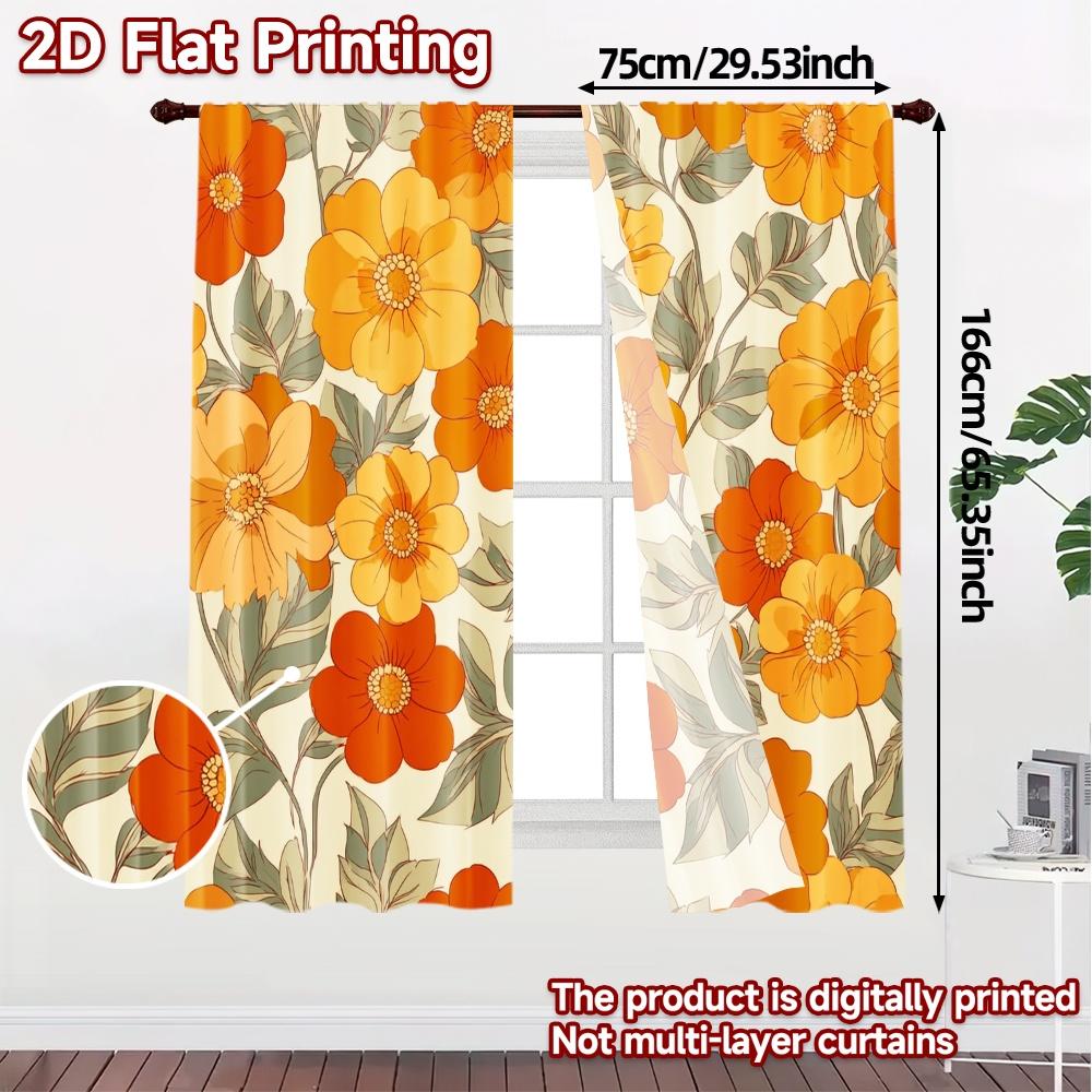 2pcs, 2D FLAT PRINTING Curtains (Without Rod) Floral Harmony Popular Light Filtering Curtains Fabric Curtains Home Decor Ldeal