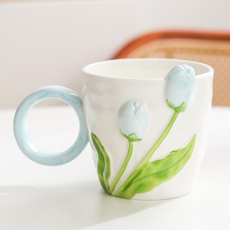 Ins High Value Tulip Mug Niche Design Sense Ceramic Cup for Girls Drinking Water Cup Coffee Cup for Home Use