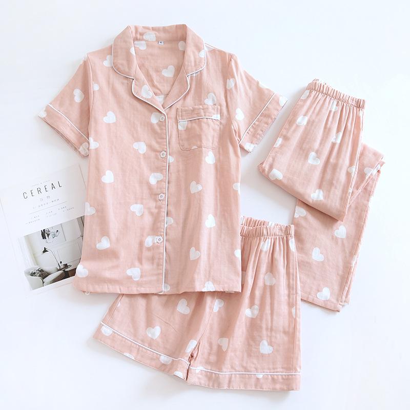 Women's Pure Cotton Three-Piece Pajama Set: Short Sleeve Top, Long Pants, and Shorts for Summer and Spring-Autumn Homewear.
