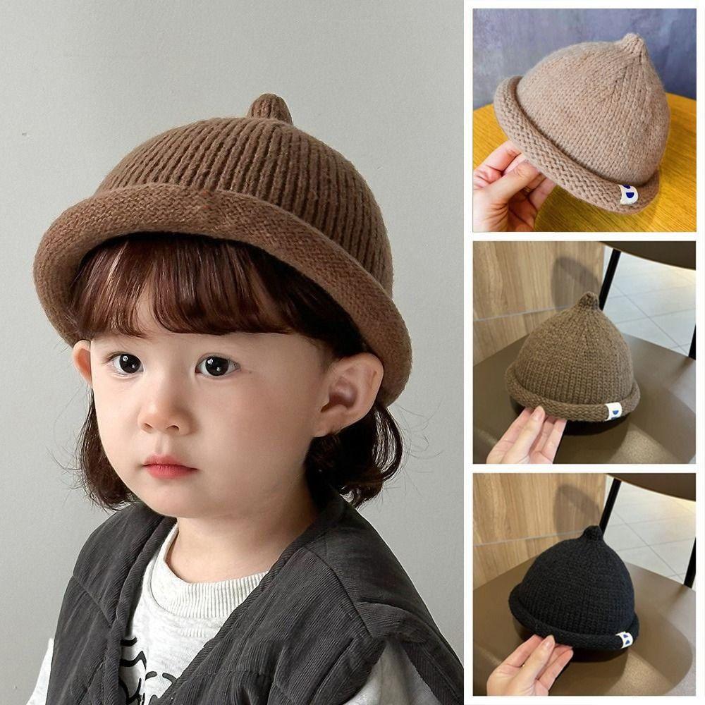 Korean Curled Edge Hat Autumn Winter Children's Bonnet Hats Cute Baby Knitted Hat  Kids