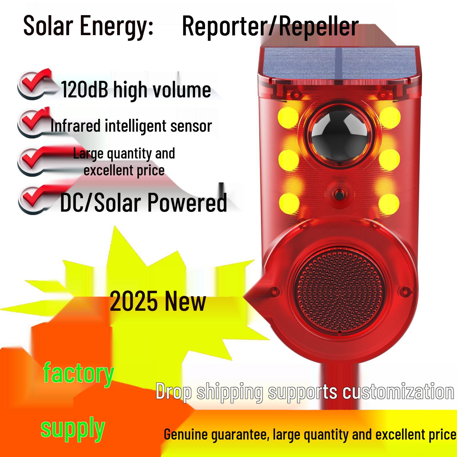 

Solar-Powered Ultrasonic Animal Repellent with Sound and Light Alarm for Deterring Wild Boars and Weasels K11 Chinese