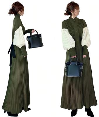 YUANYUAN Knit Winter Long Glue Puff Voluminous Loose Winter Sizes Women's Dress, Pleated, Wear, Length, Neck, Sleeves, Color-Matching, Ribbon,