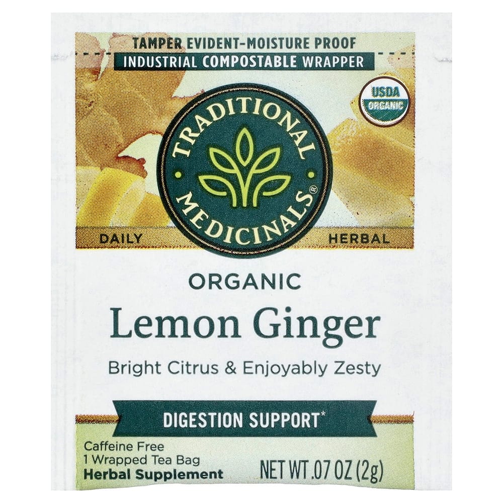 Traditional Medicinals Lemon Ginger Caffeine-Free Herbal Tea, 16 Wrapped Tea Bags