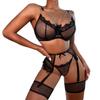 Lace Eyelash Mesh Lingerie Set Four Pieces Bra Garter Belt Thong Chain Detail Adjustable Straps Intimate Apparel