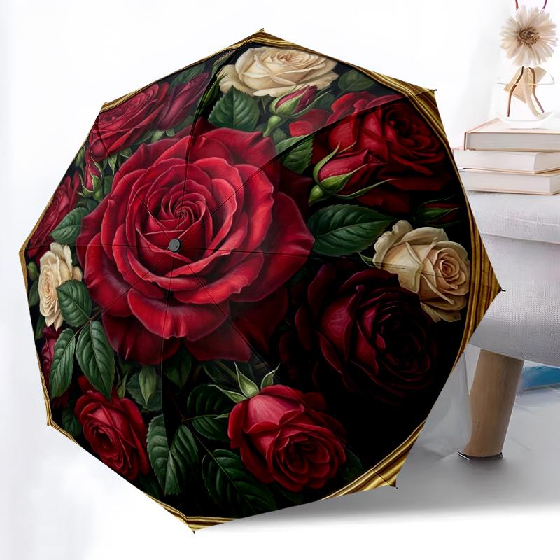 1pc Sturdy 8-Bone Auto Umbrella, Mixed Rose Bouquet Umbrella, Digital Printed, Foldable Umbrella for On-the-Go Outdoor Use