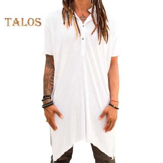 

Мужская летняя футболка с V-образным вырезом и короткими рукавами, неровными краями, средней длины, однотонная свободная уличная рубашка на пуговицах для повседневной носки в клубе M белый