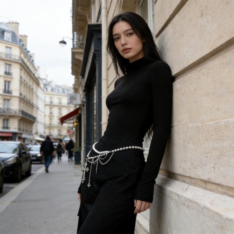 Edgy Crosses Design Pearls Chain Waist Chain For Punk Rock Concerts And Casual Streetwear