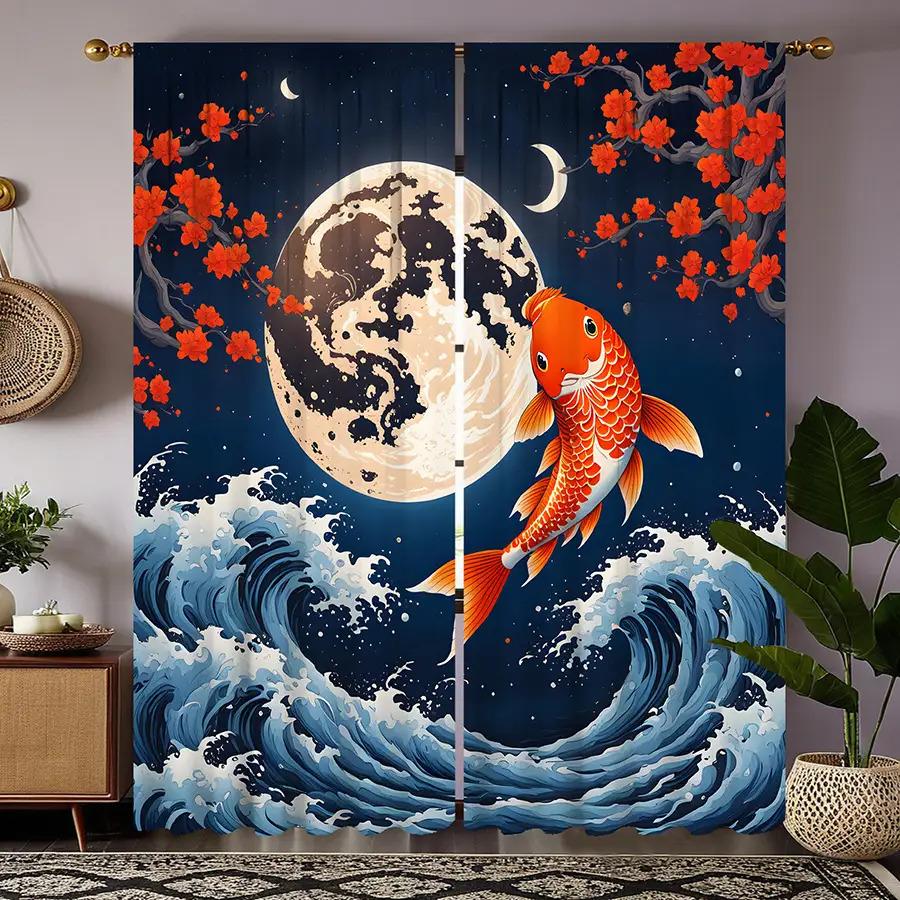 2pc Moon and wave pattern curtains, polyester fabric, machine washable, suitable for bedroom living room decoration