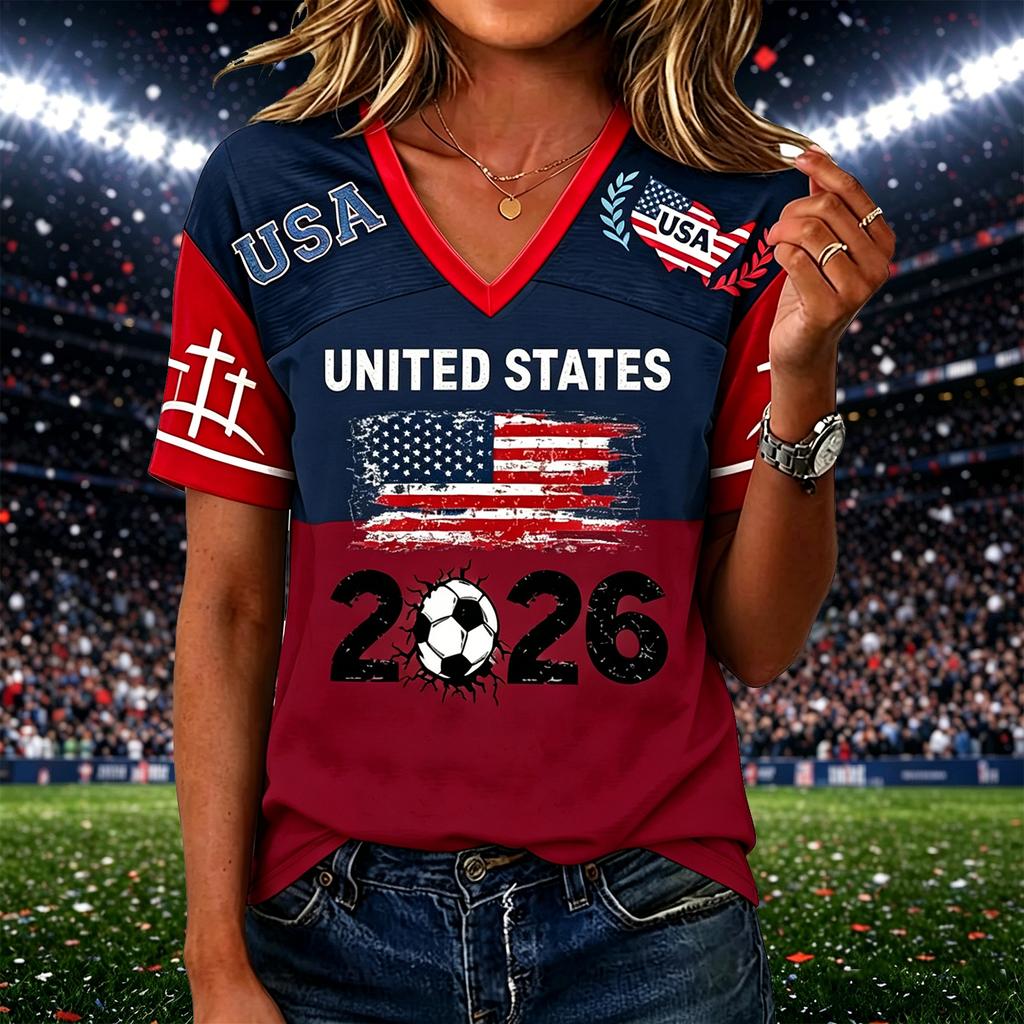 Women’s Casual V Neck Pullover Top with Short Sleeves and States Flag 2026 Soccer Graphic Print for Everyday Wear