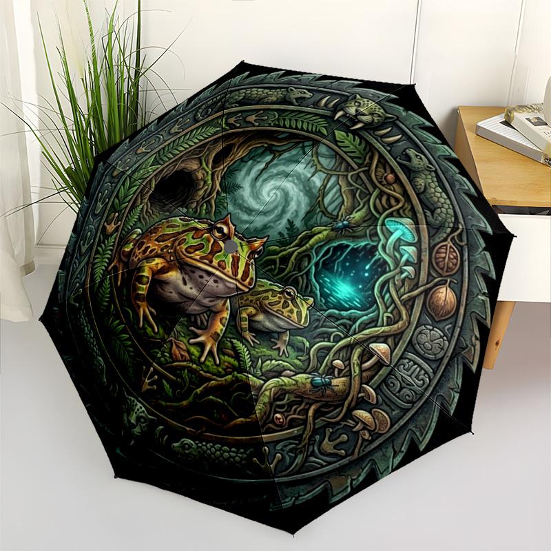 Jungle Frog Forest pattern umbrella, portable and foldable design, 8 ribs, a casual accessory for Halloween, Christmas, and birthday gifts.