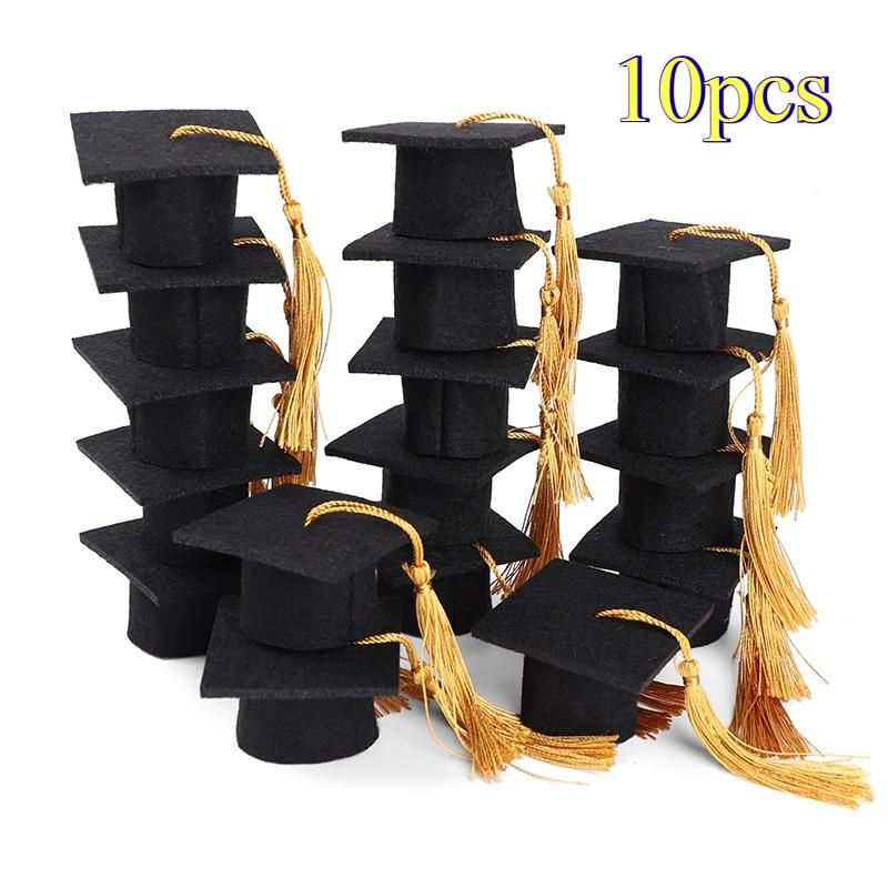 5/10pcs Chapeau de Diplômé en Feutre avec Pompons pour Fête de Remise des Diplômes Décoration DIY Bouchon de Bouteille de Vin Mini Chapeau de Diplômé Boîtes Cadeaux Bonbons