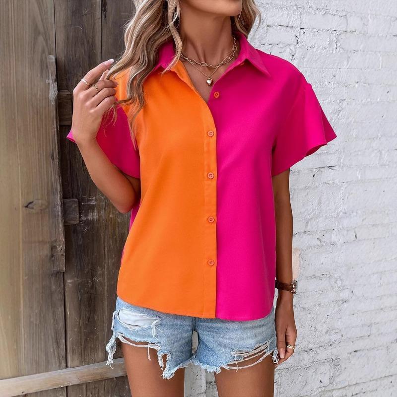 

Женская рубашка весна-лето с короткими рукавами Simple Niche Design Sense Splicing Collision XL темно-розовый