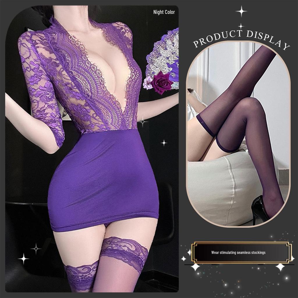 Golden Night Sexy Lace Purple Bodycon Dress with Push-up for Role Play 