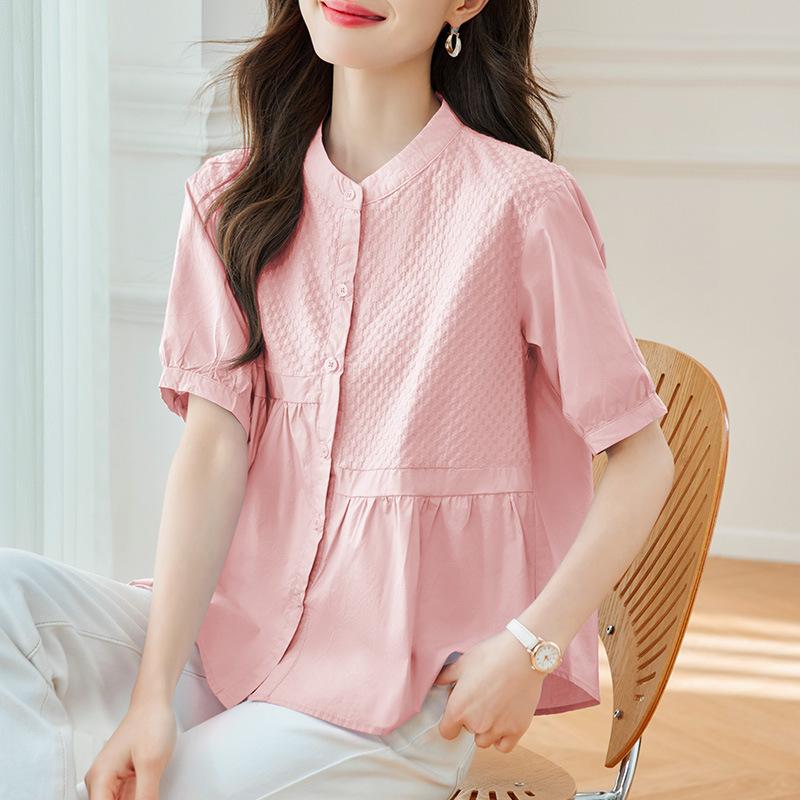 Splicing White Shirt Women's Five-quarter Sleeve Summer Dress New Cotton Top Round Neck Loose Shirt