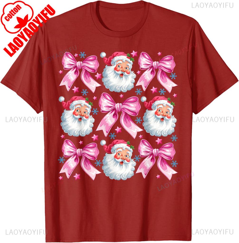Retro Groovy Coquette Bow Pink Christmas Tree Women Kid Girl TShirt Kawaii Clothes High Quality Cotton Ropa Mujer Casual Style