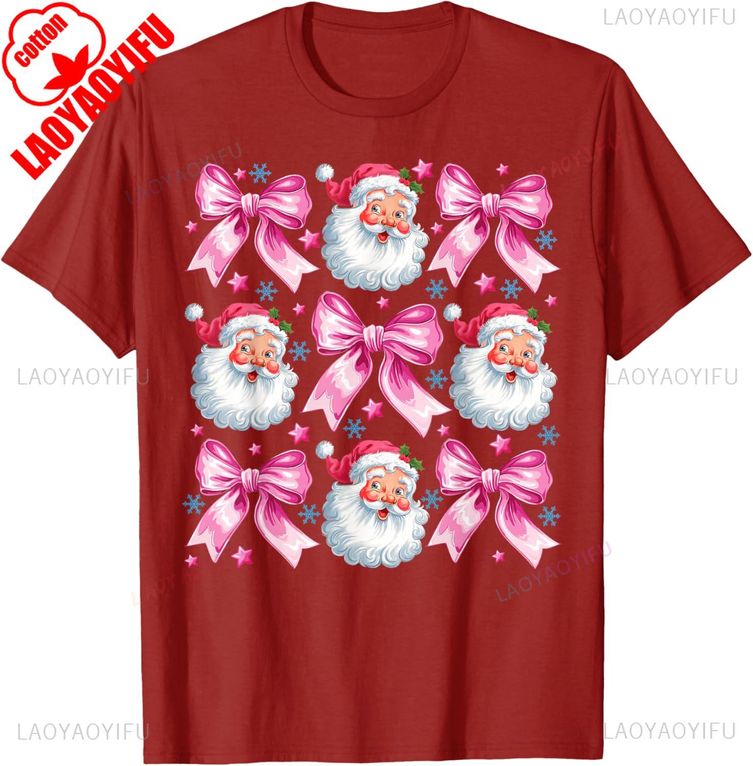 Retro Groovy Coquette Bow Pink Christmas Tree Women Kid Girl TShirt Kawaii Clothes High Quality Cotton Ropa Mujer Casual Style S