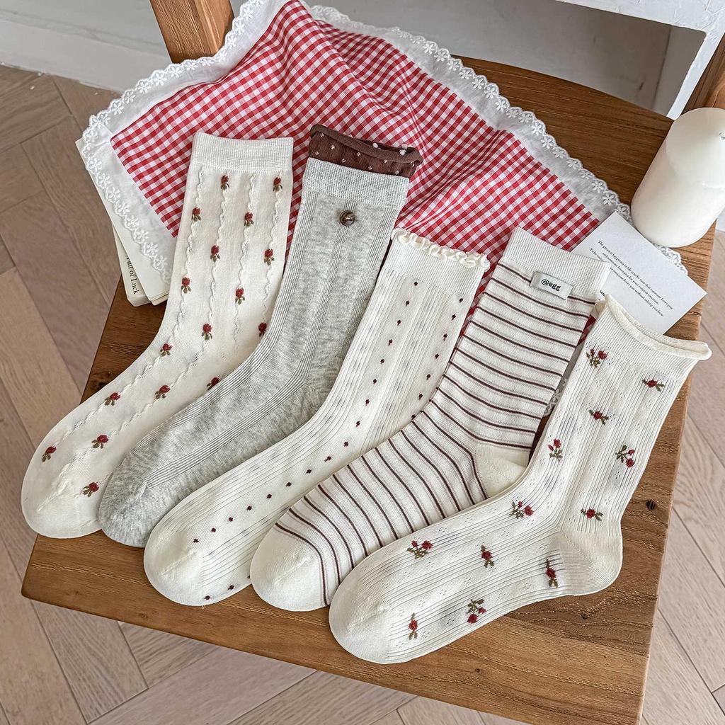 2026 New Mesh Floral Lace Women's Thin Striped Long Socks - Spring & Summer Korean Style