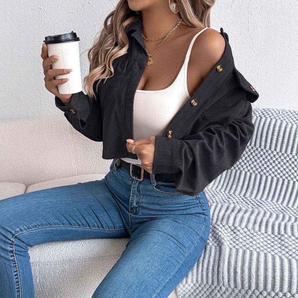 Women Spring Autumn Casual Long Sleeve Lapel Solid Color Pocket Corduroy Jacket Coat