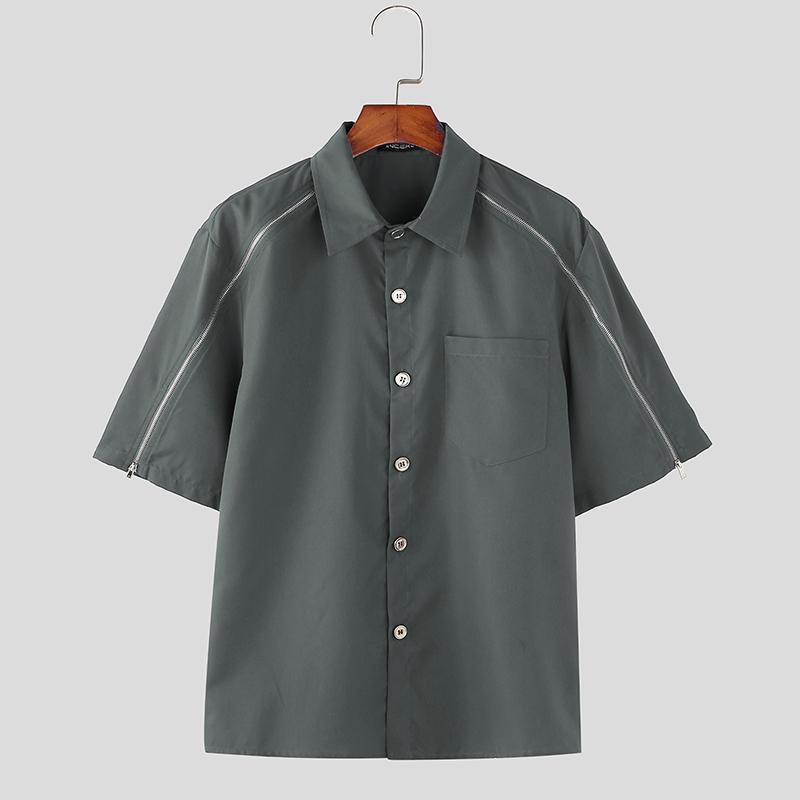 INCERUN Bărbați de vară cu mânecă scurtă și fermoar, casual, supradimensionat, lejer, cargo topuri