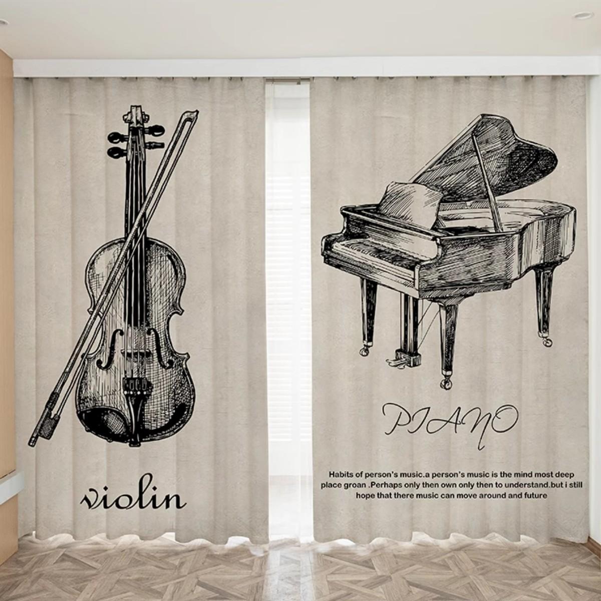 2 Stück Maßvorhang Modern Schlicht Musikinstrument Noten Klavier Violine Kreativ Musikzimmer Klaviergeschäft Tanzstudio Vorhang 100W130H(CM)40x51in&Grommet Top