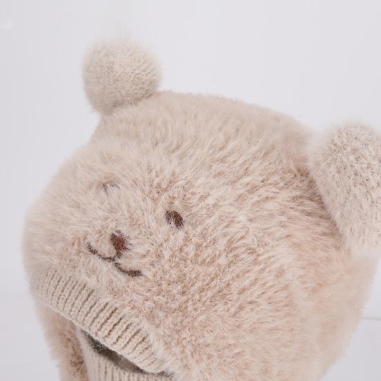 Kids Hat with Face Guard Scarf Plush Inner Lining Solid Color Bear Shape Warm Windproof Knit Hat Autumn Winter Outdoor Wear