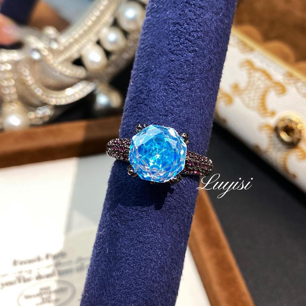 Octagonal Millennium Rose Cut Aquamarine & Purple Diamond Black Gold Ring