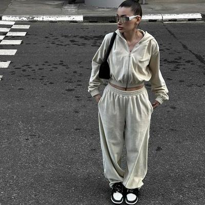 Casual Suit Women's Street Style Long-sleeved Hooded Cardigan Elastic Trousers Two-piece Suit