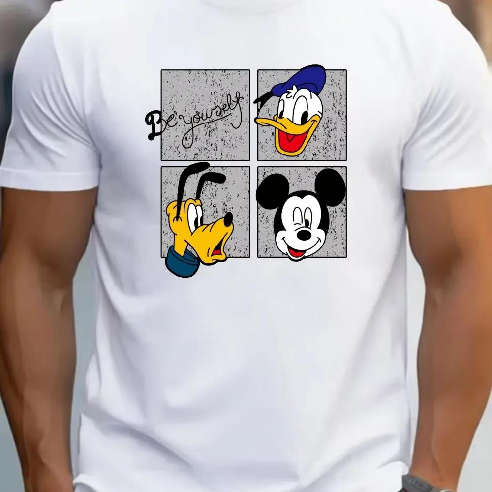 

T-Shirts Men s Casual Mickey Donald Goofy Be Yourself Cartoon Print Regular Short Sleeve Slight Stretch Crew Neck S белый