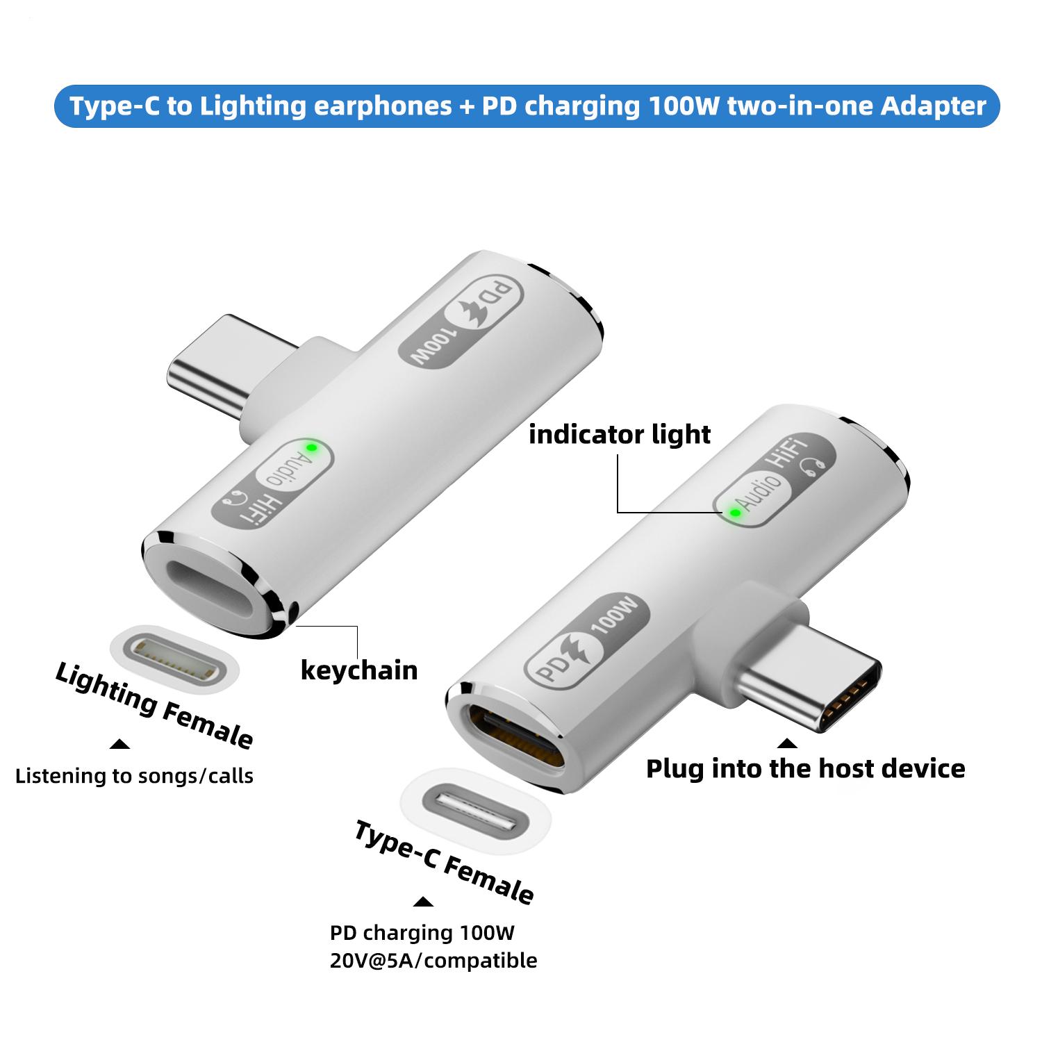 

USB-C to lighting headphone jack plus Type-C PD100W fast charging two-in-one suitable for iPhone 15/16 series Type-C devices