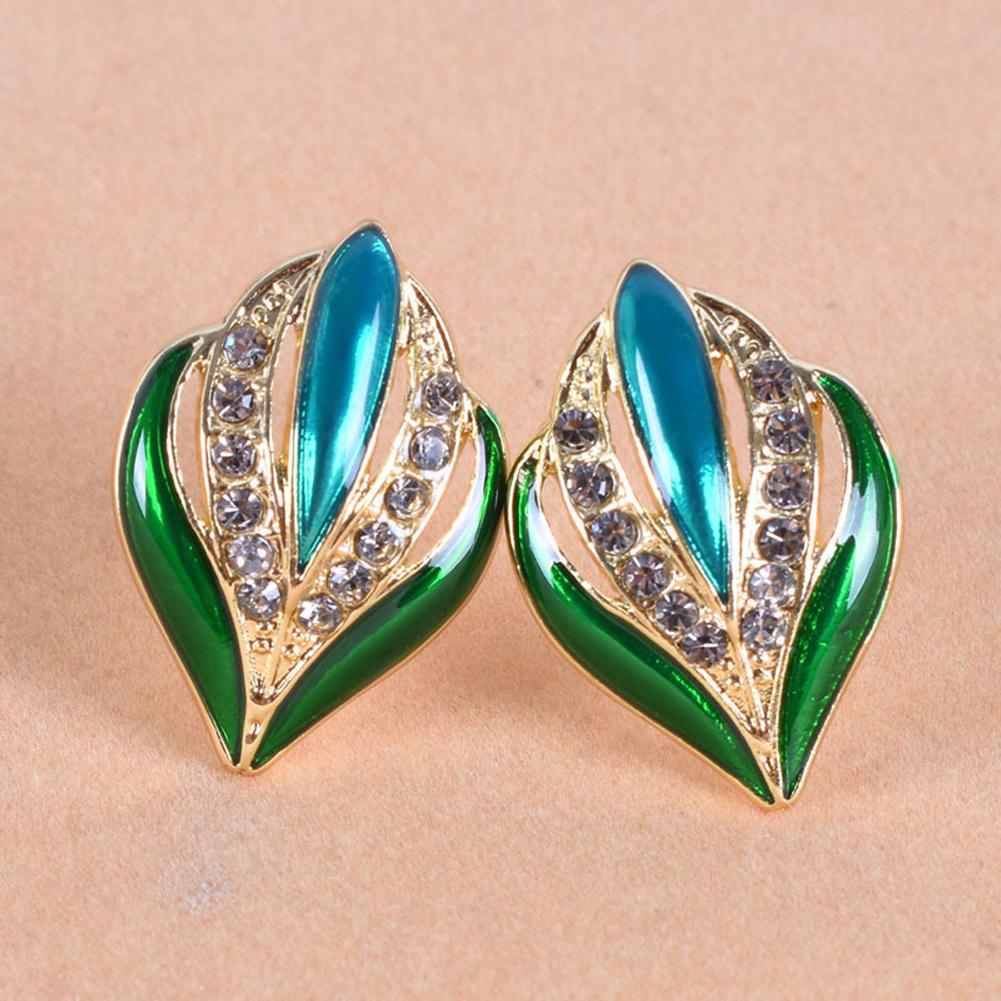 1 Pair of Women's Earrings Retro Style Leaf and Bud Colorful Glaze Diamond-mounted Ear Clip