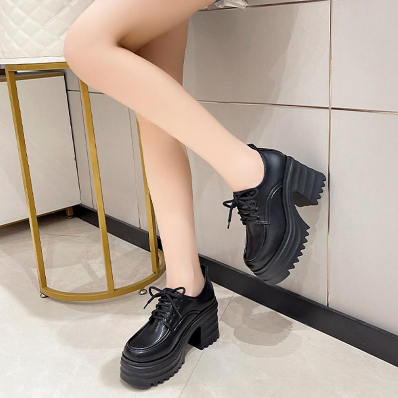 Dámské lodičky z PU kůže na platformě se čtvercovým podpatkem a šněrováním ve stylu Oxford, společenské boty na párty, pro hraní rolí, uniformu, módní boty na vysokém podpatku