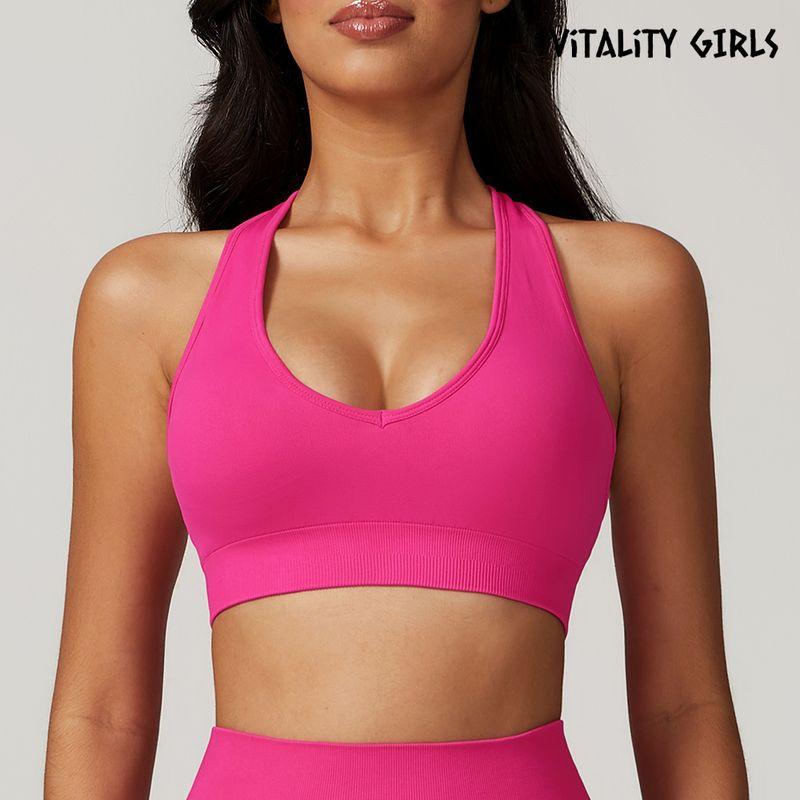 

Vitality Girl Fashion Halterneck Yoga Intimates Deep V Sexy Hollow-out Beauty Back Workout Clothes Women s Sports Bra Rose pink S