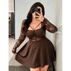 Plus Size Womens Lace Splice A-Line Long Sleeve Dress Vacation