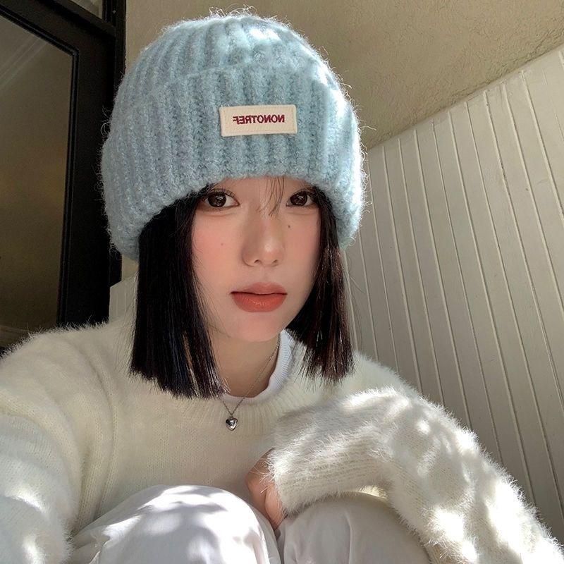 Blue Knitted Wool Hat for Women In Autumn and Winter Big Head Versatile Hat Showing Face Small Warm Ear Protection Head Hat