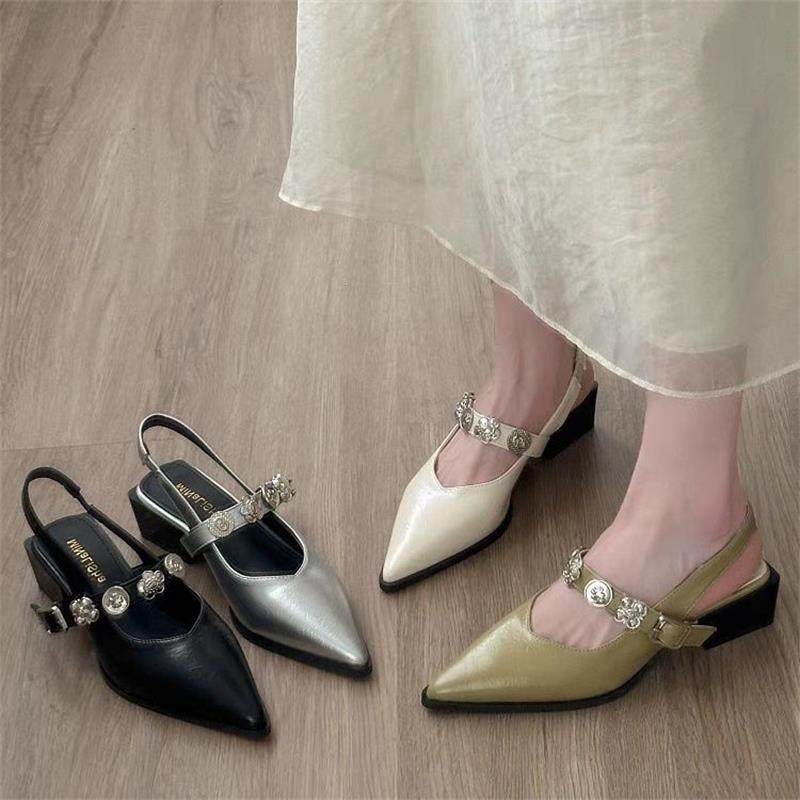 French Temperament Pointed Sandals Women's Summer Wear 2025 New Light Mouth Commuter Metal One-word Buckle Mary Jane Single Shoes