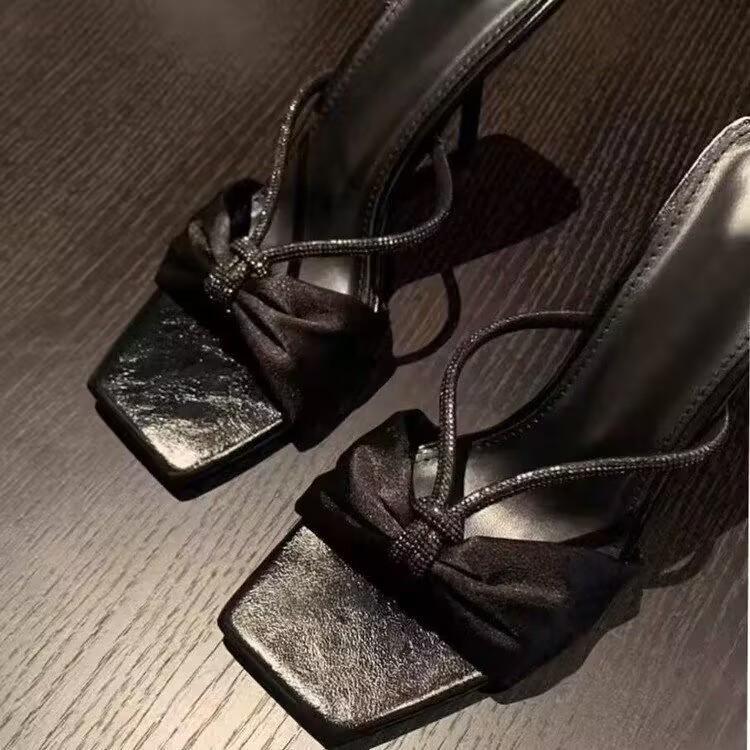 In the Summer of 2025, the New Square-headed Purple Rhinestones with Sandals for Women Wear High-heeled Sandals and Half Slippers.