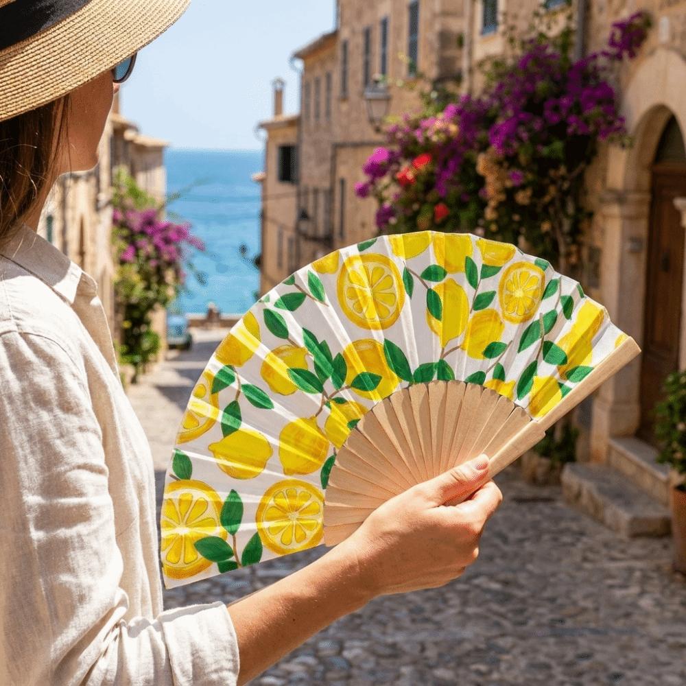 Fashion Lemon Print Folding Hand Fan Delicate Creative Chinese Style Fan Wooden Handle Portable Decorative Fan Photography