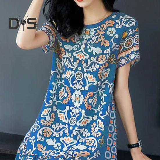 Letní dámské šaty s kulatým výstřihem Poloviční rukávy Retro potisk A-line Velký lem Délka ke kolenům Volné Běžné Denní nošení Dovolená Midi Šaty