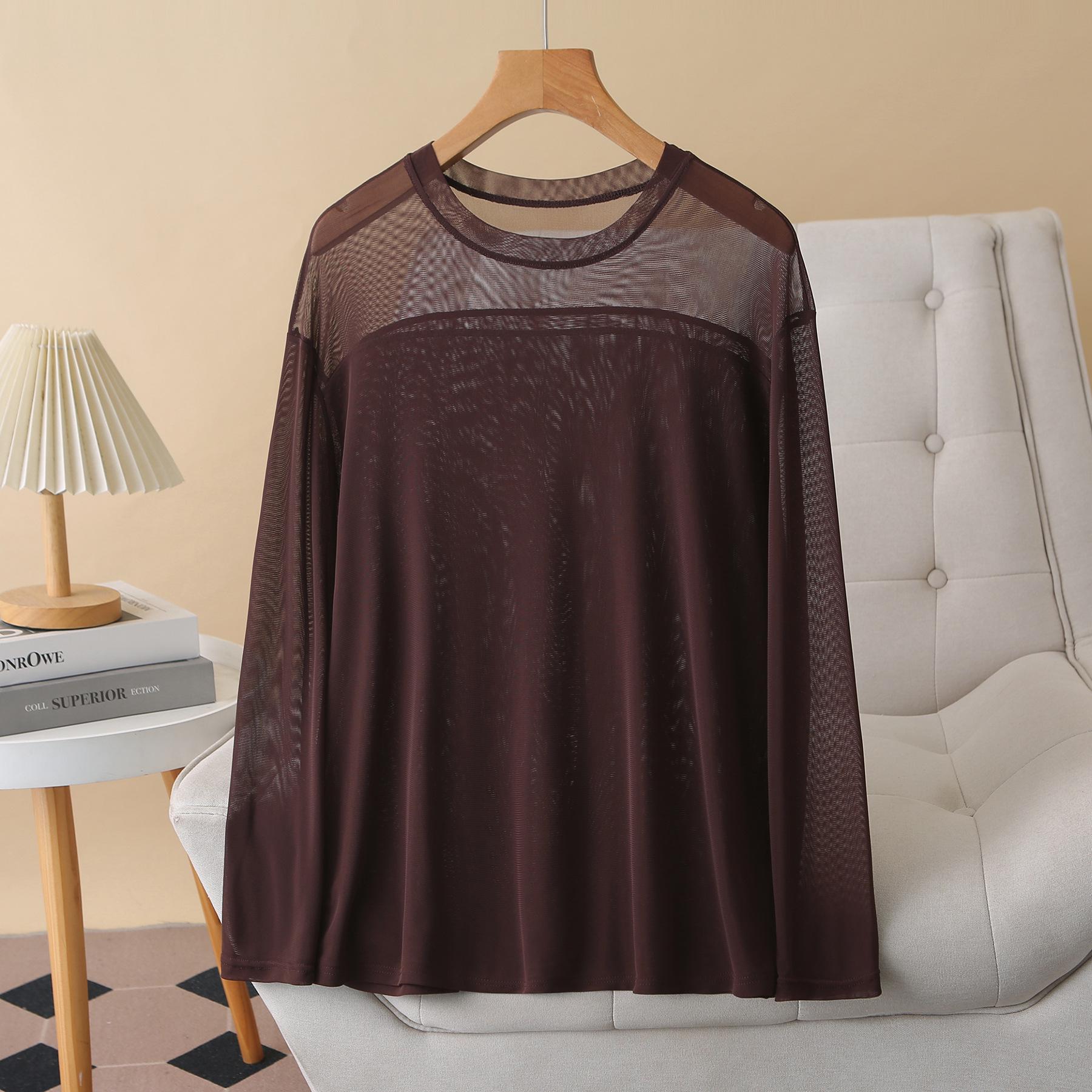 Plus Size Women s Slimming Mesh Long Sleeve T-shirt: 2026 Spring Hollow Out Round Neck Top 2XL кофейный