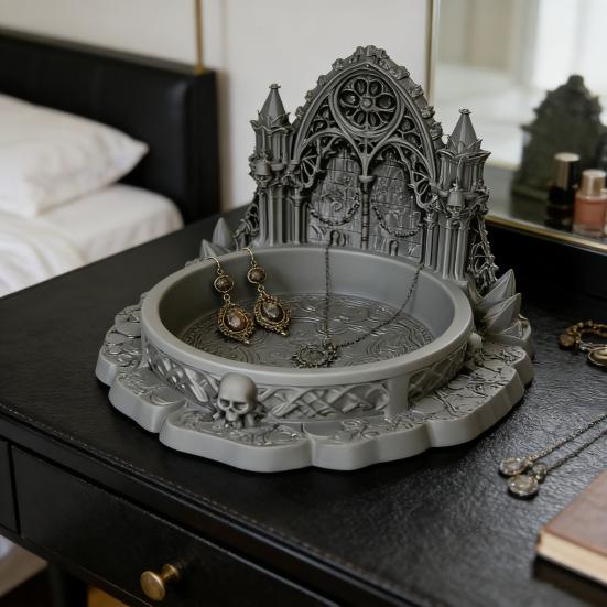 Gotische Kasteel Sieradenbakje Donkere Middeleeuwse Stijl PLA Decoratiebakje met Gedetailleerd Beeldhouwwerk & Boogontwerp Multifunctionele Organizer voor Ringen
