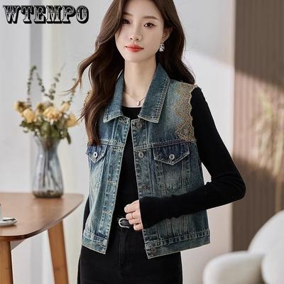 Chaqueta Chaleco Vaquero Bordado para Mujer Primavera Otoño Sin Mangas Chic Top Corto