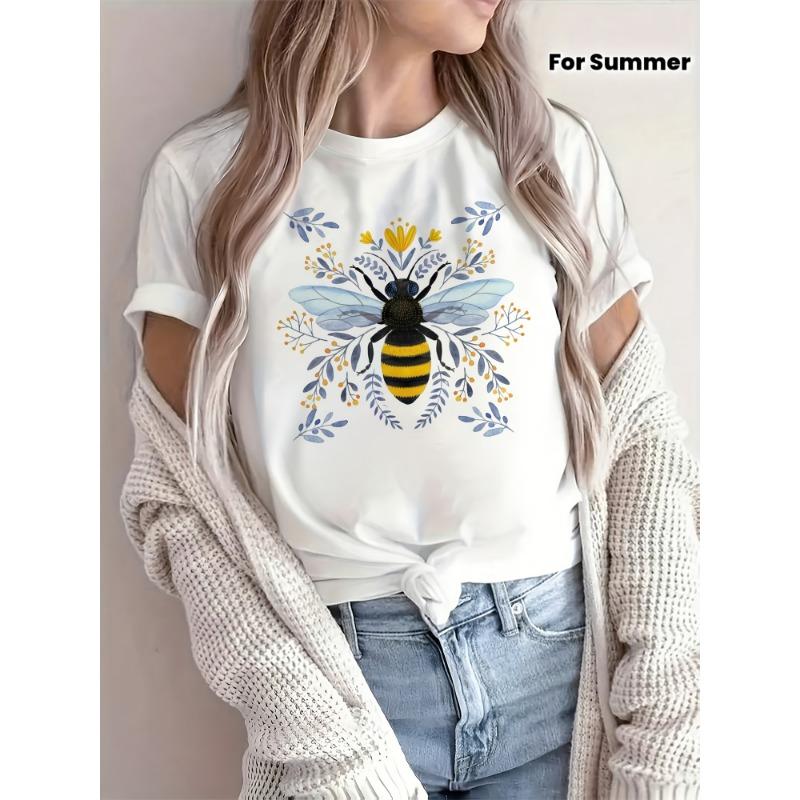 

Women s Casual Short Sleeve T-Shirt with Abstract Bee & Floral Print - Breathable Semi-Sheer Round Neck Top, Relaxed Fit H-Silhouett S белый
