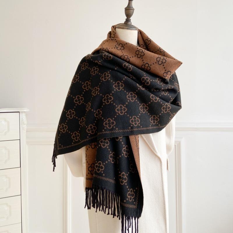 Brown Imitation Cashmere Long Fringed Thermal Scarf Women's Core-spun Yarn Air Conditioner Shawl Scarf Premium Versatile Scarf