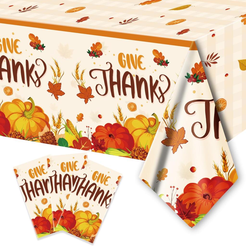 PARSUP 1 Pack Thanksgiving Disposable Tablecloth Party Supplies, Autumn Theme Pumpkin Maple Leaves Fall Tablecloth Plastic Waterproof Tablecover