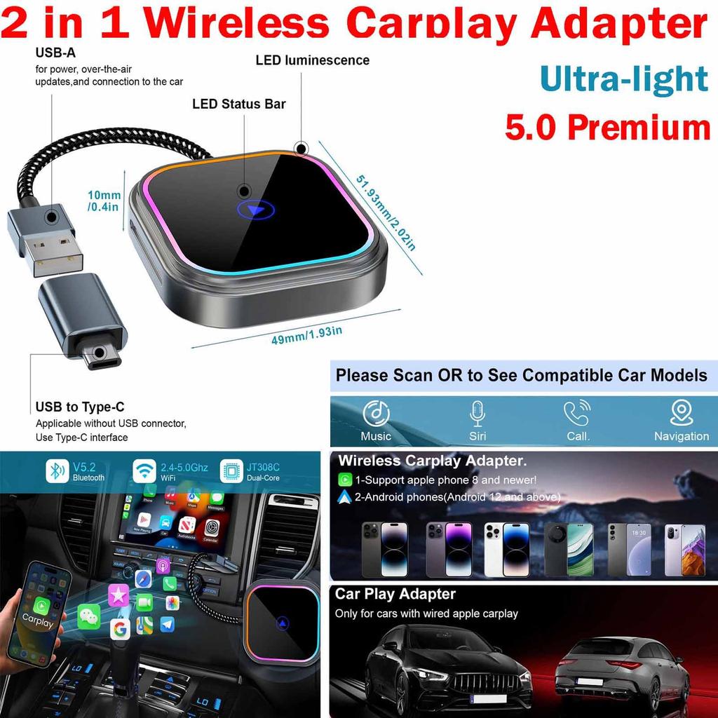 5.0 Wireless Adapter 2 In 1 For Car/Play Android Auto Multimedia Video Play