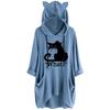 Women Casual Print Cat Ear Hooded Long Sleeves Pocket Top Blouse Shirt