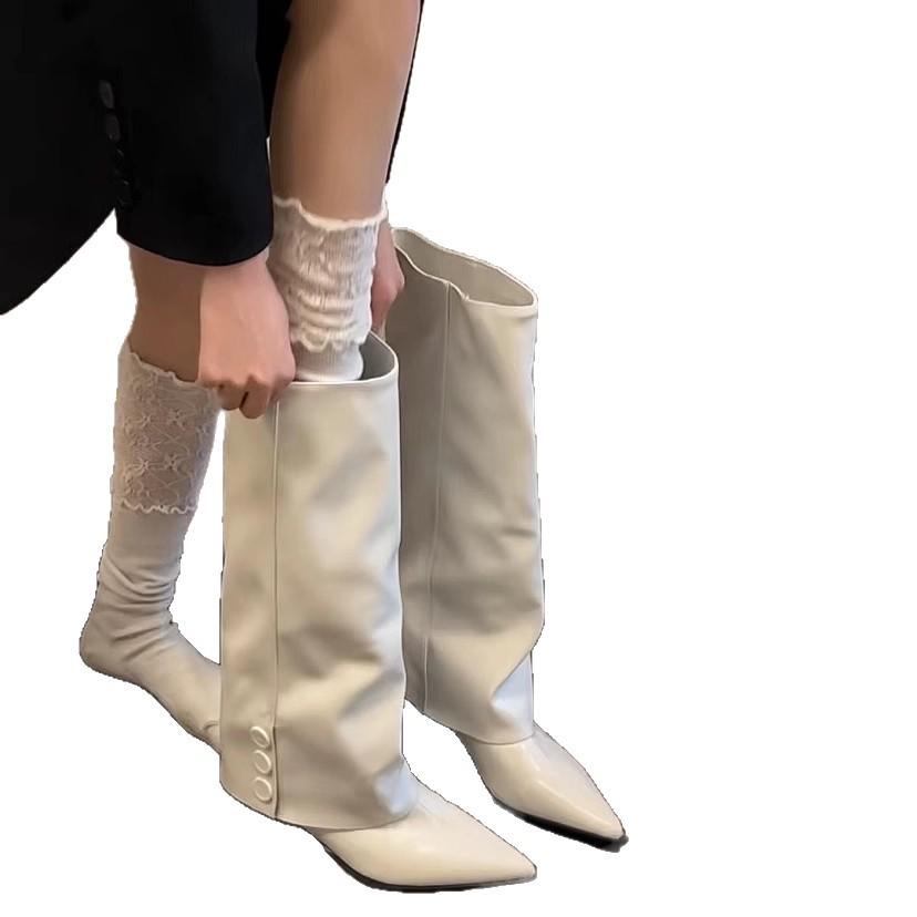The Factory Is Making Goods~ Milk White Pant Tube Boots 2025 Autumn and Winter Korean Niche Spice Girl Pointed Head Big Tube Circumference Fash