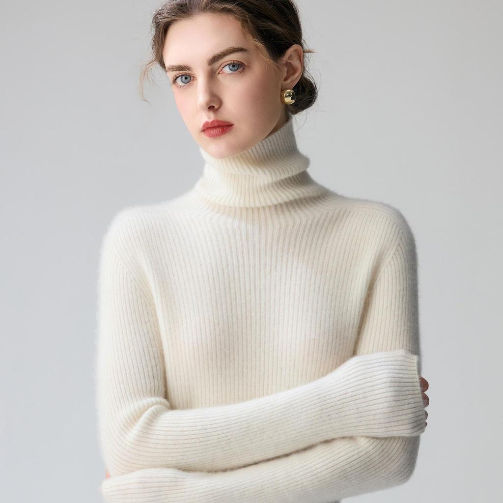 Women's 100% Pure Cashmere Striped High-Neck Slim Fit Sweater - Warm Knitwear for Autumn/Winter 2026
