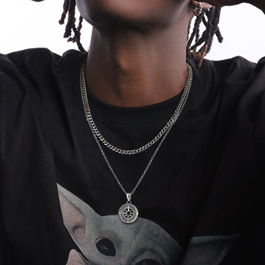 Vnox Cool Fashion Compass Pendant Necklaces for Men,Stainless Steel Double Layered Cuban/Rope/Figaro Chain Collar Jewelry Gift
